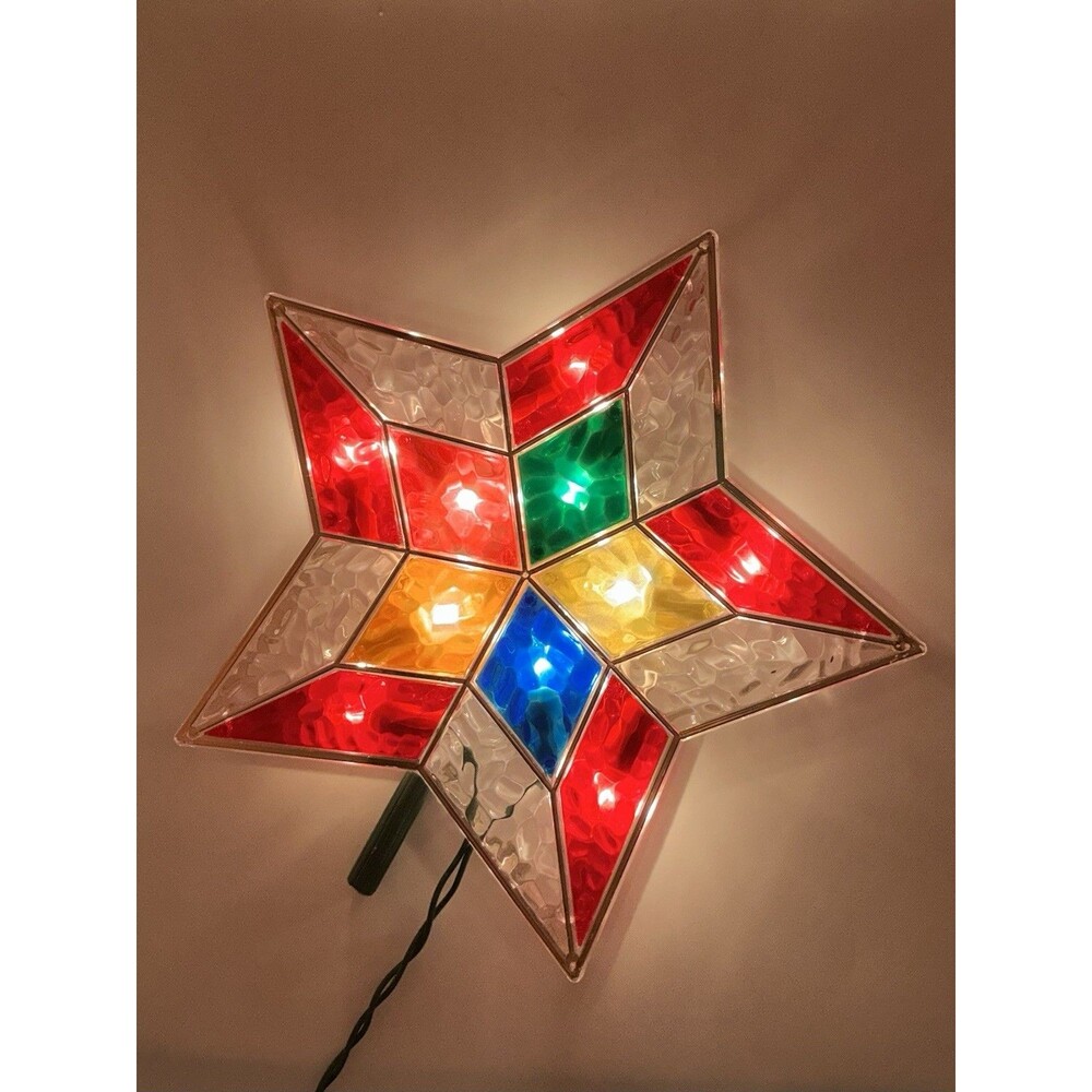 Vintage Lighted Stained Glass Style Christmas Star Tree Topper Decoration Tested